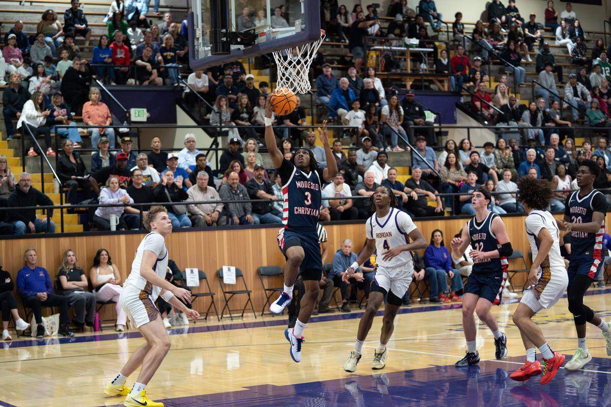 Modesto Christian guard Siincere Hudson makes a layup during the CIF Northern California Open Division Regional Semifinals at Archbishop Riordan High School in San Francisco, Saturday, March 7, 2026.