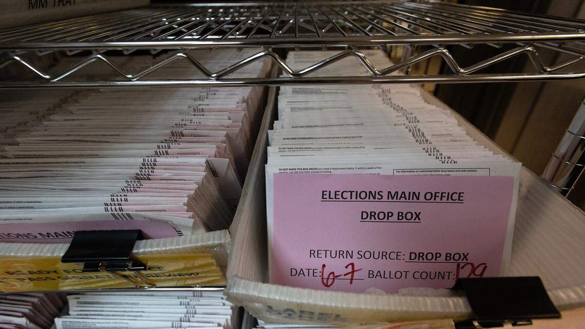 Ballots collected on election day at the Stanislaus County Registrar of Voters office in Modesto, Calif., on Tuesday, June 7, 2022.
