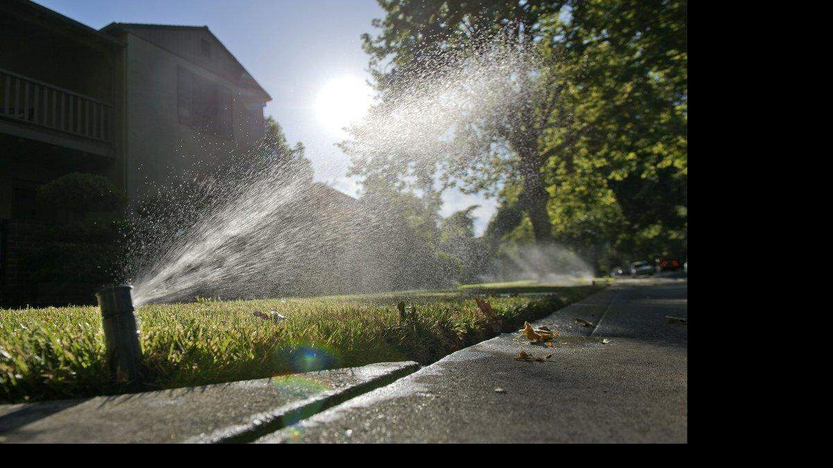 Sprinklers water grass at a home on Tuesday, July 1, 2014. Watering is permitted in the Land Park area on Tuesdays. A ruling is expected that will mandate a reduction in residential water use.