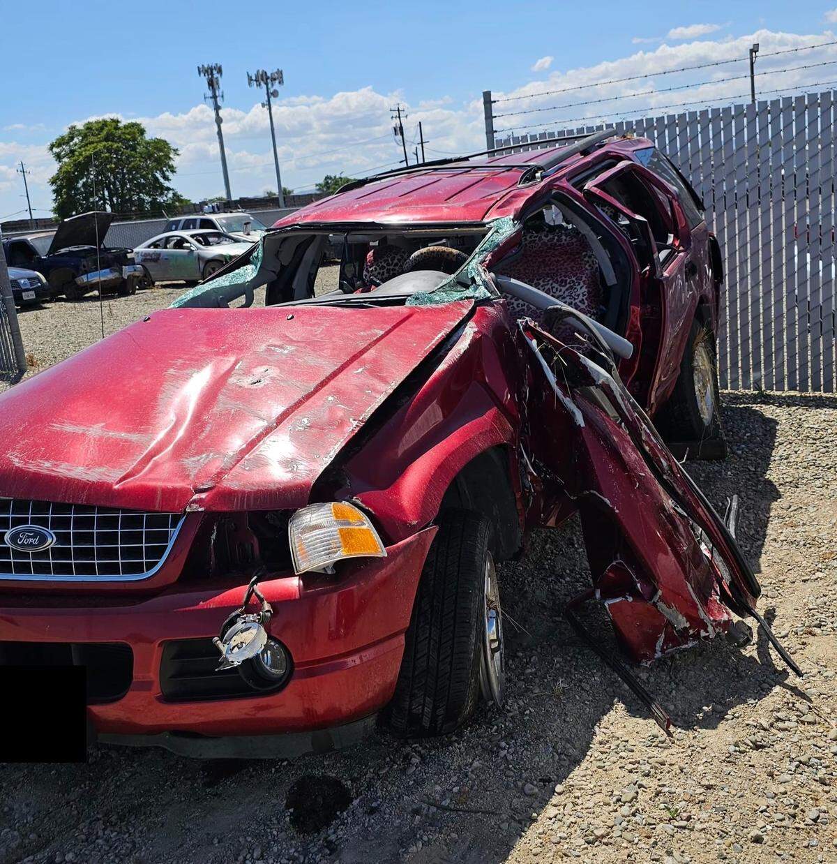 Damage is seen on a Ford SUV involved in a fatal Interstate 5 crash near Newman on April 25.