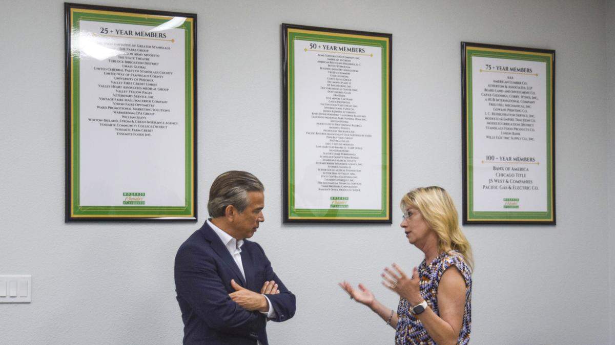 California Attorney General Rob Bonta speaks with Trish Christensen, the president and chief executive officer of Modesto Chamber of Commerce, in Modesto on March 19, 2026.