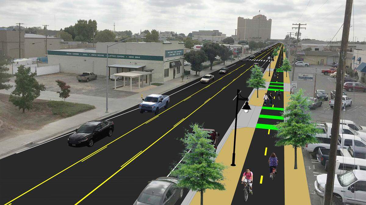 Part of Ninth Street in downtown Modesto, California, would get a bicycle lane under a plan discussed by the City Council on Tuesday, Jan. 28, 2020.The design is just conceptual for now.