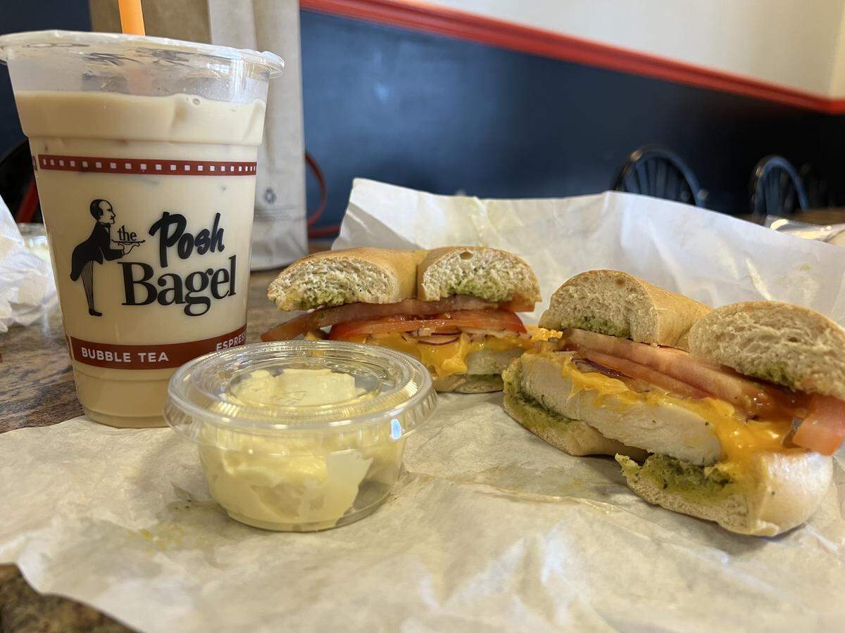 For my “On A Budget” visit, I ordered a chicken pesto melt sandwich, an iced coffee and three bagels for $20.38.