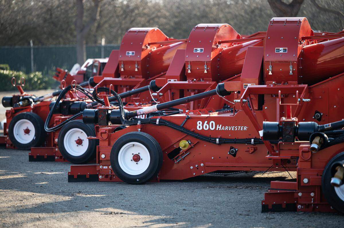 Harvesting equipment at Flory Industries in Salida, Calif., Thursday, Feb. 9, 2023.