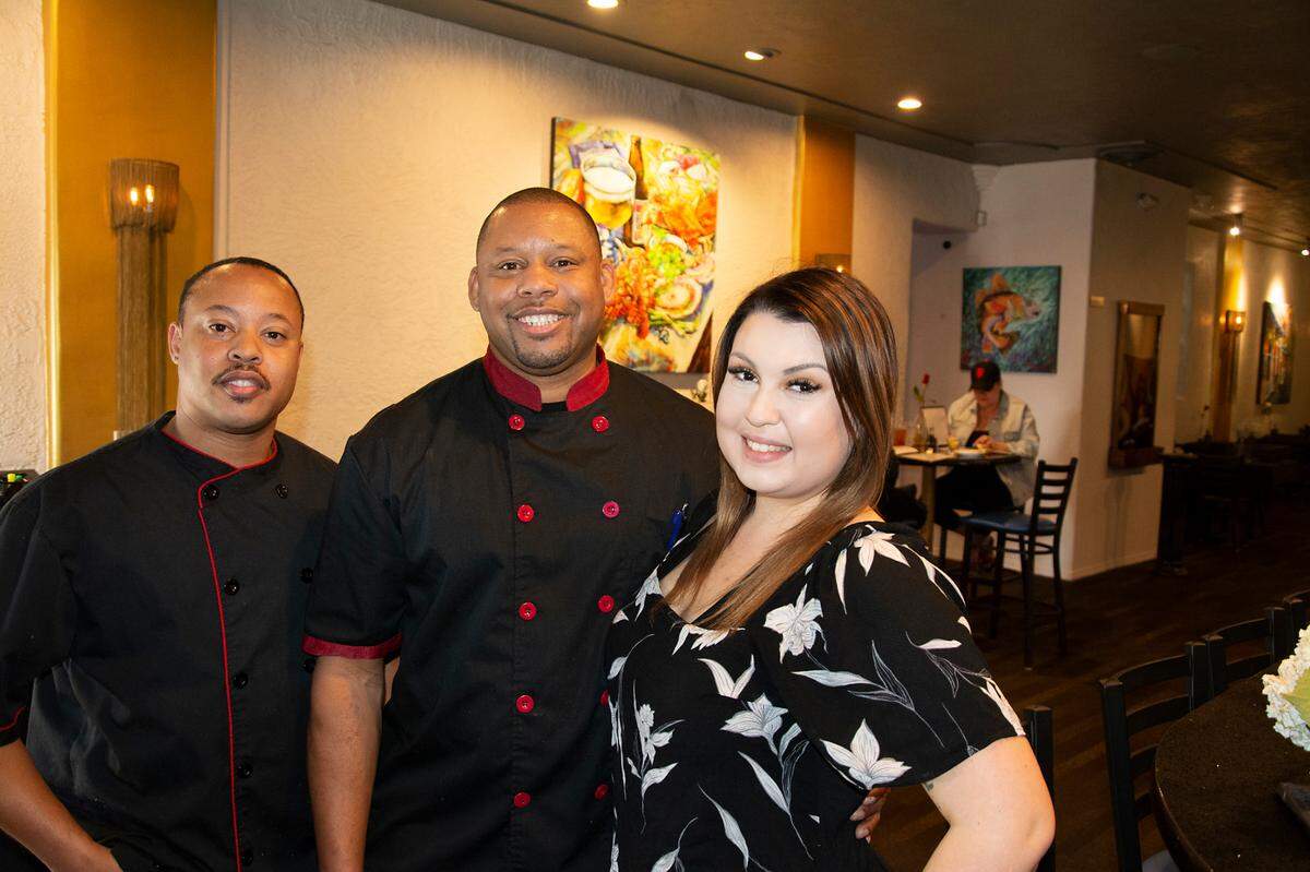 From left to right: Ingrid Patterson, sous chef; David Patterson, chef/co-owner; and Nicole Page, bar and service manager at Midtown Bistro Jan. 15, 2021 in Modesto, Calif.