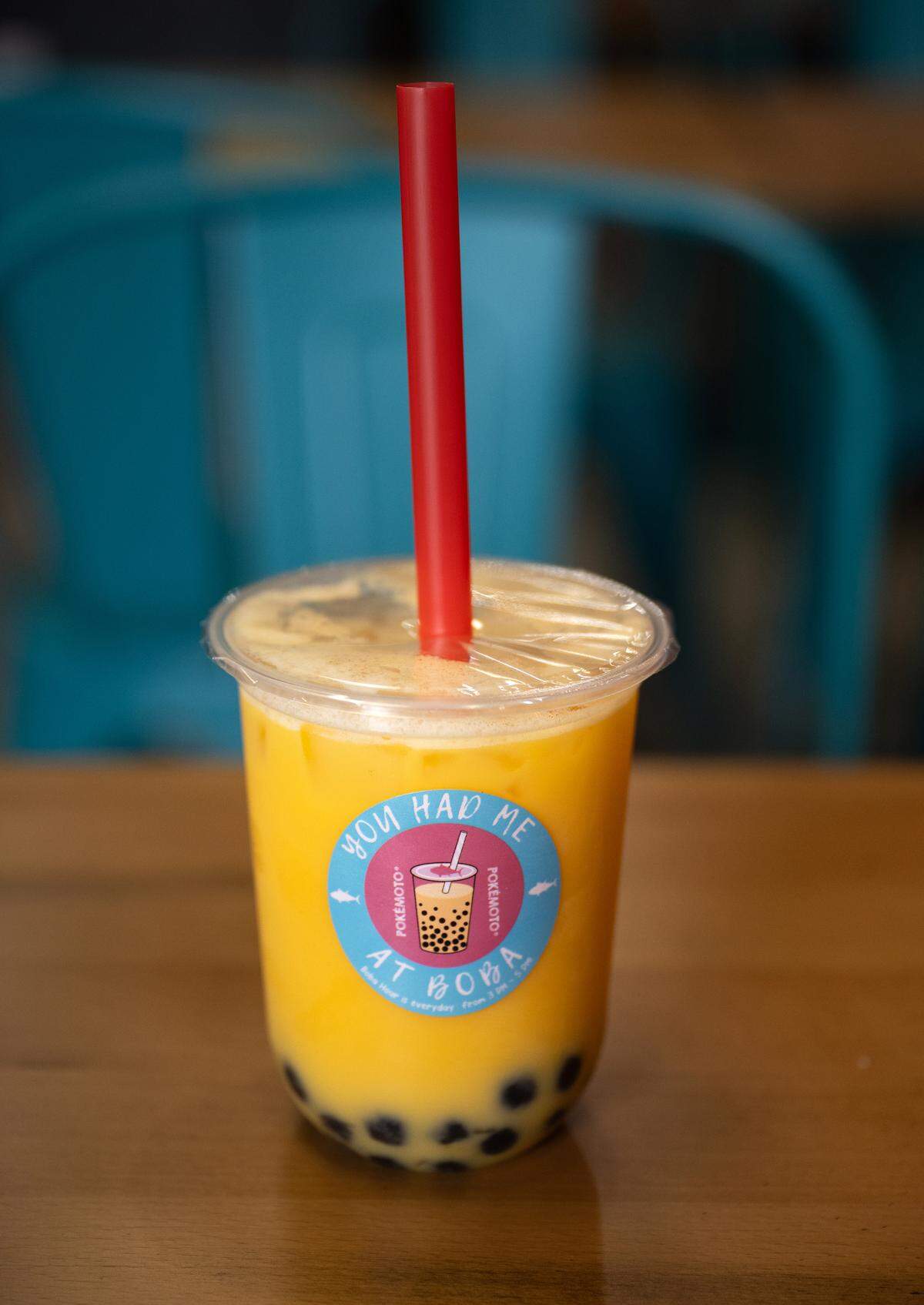 Mango tea boba at Pokémoto Hawaiian Poké restaurant in Village One Plaza in Modesto, Friday, March 28, 2025. 