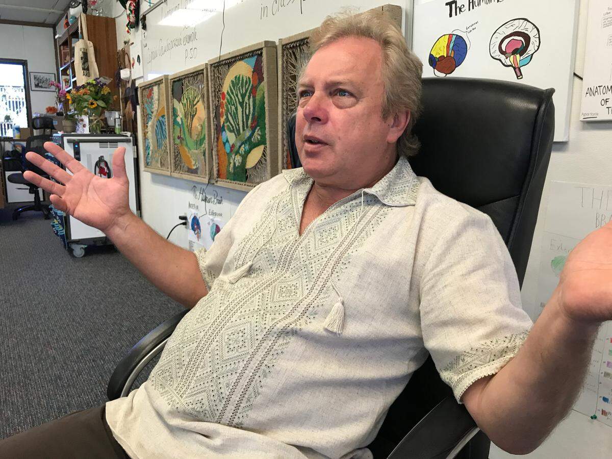 Sergei Samborski, a Modesto resident since 1991, reflects on war in his native Ukraine from the classroom where he teaches psychology, English literature and composition and theater arts at Ripon High School on Thursday, March 24, 2022. Samborski was raised in Khmelnytskyi, Modesto’s sister city.