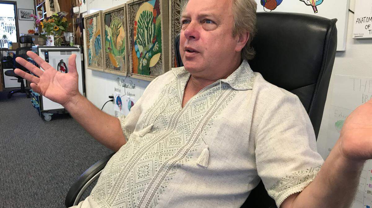 Sergei Samborski, a Modesto resident since 1991, reflects on war in his native Ukraine from the classroom where he teaches psychology, English literature and composition and theater arts at Ripon High School on Thursday, March 24, 2022. Samborski was raised in Khmelnytskyi, Modesto’s sister city.