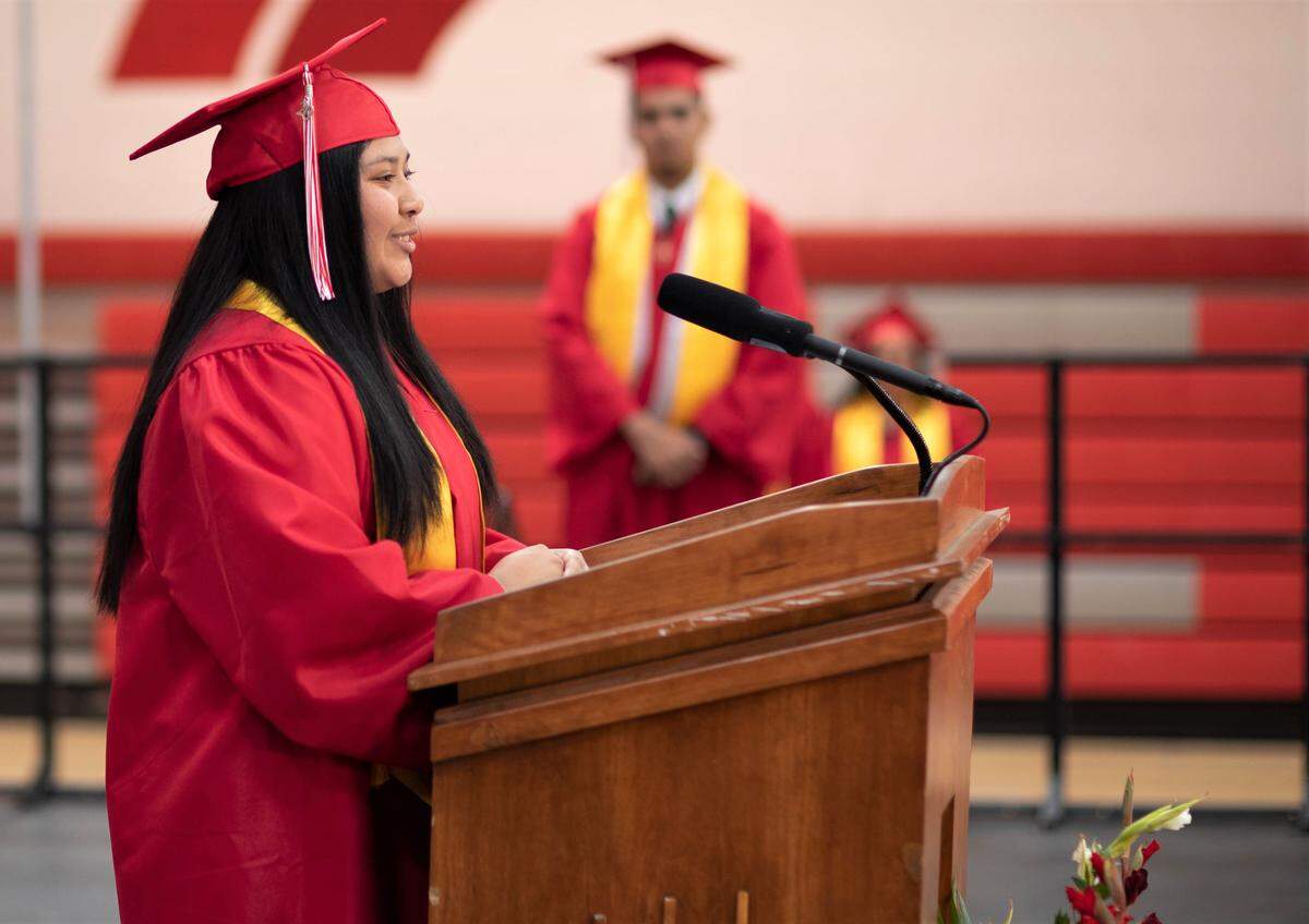 Ceres High ASB President Eileen Perez gives a speech to her fellow 2020 graduates, which was filmed for their virtual graduation.