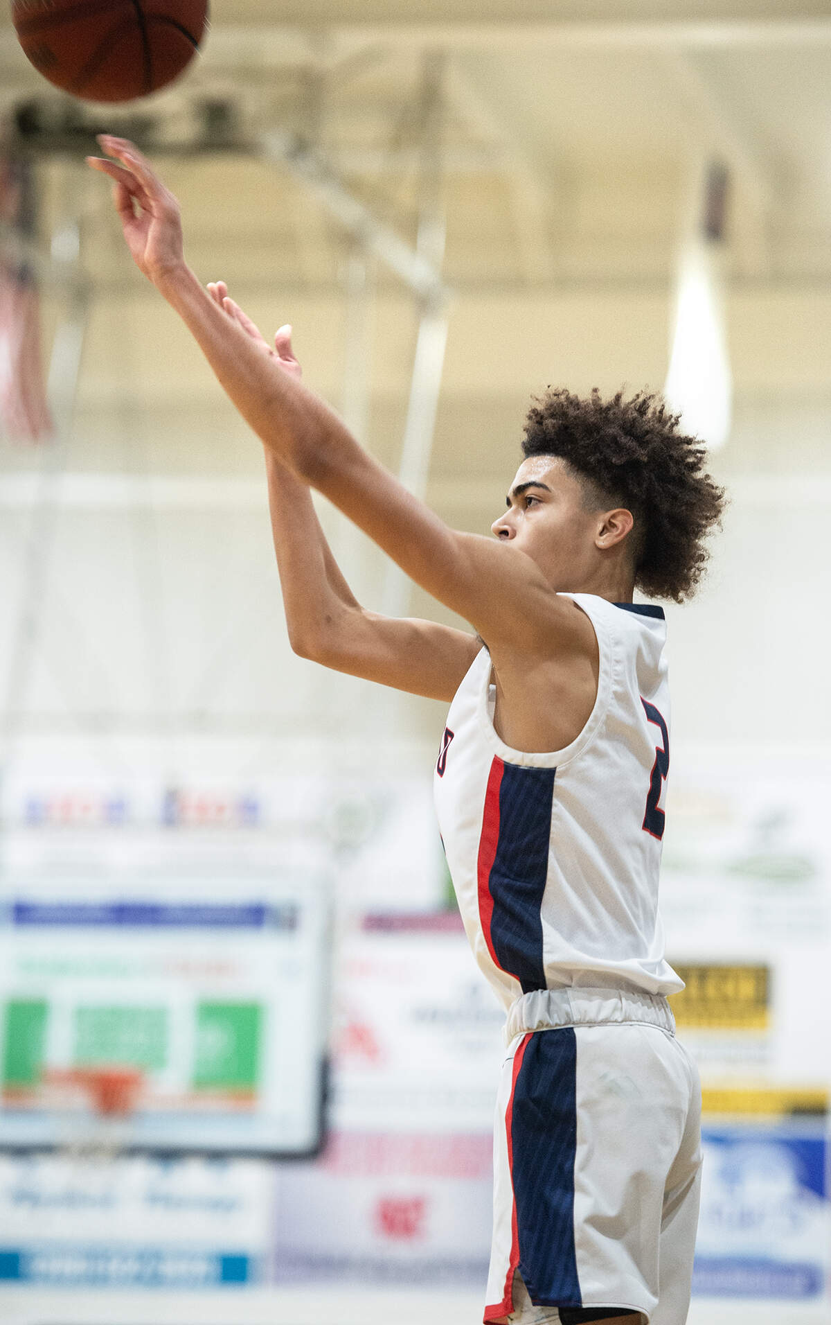 Modesto Christian’s Ty Virgil scores a 3-point-shot during the Holiday Hoops Classic championship game with Durango NV in Salida, Calif., on Thursday, Dec. 30, 2021. The Crusaders beat Durango of Nevada 77-62.