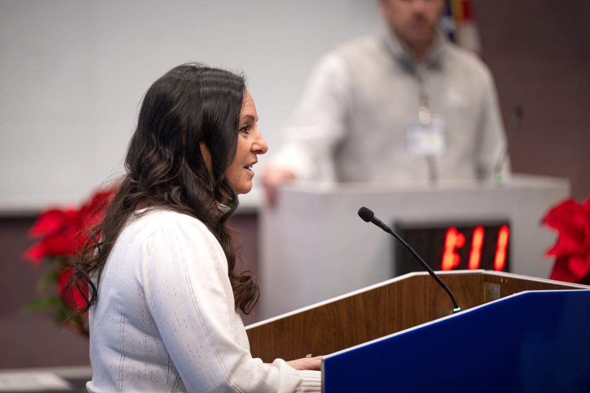 Attorney Stacey Henderson speaks during public comment at the Modesto Irrigation District board meeting in Modesto, Tuesday, Dec. 16, 2025. 