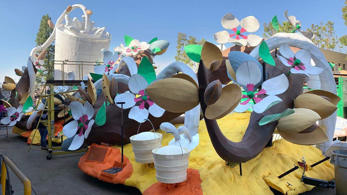 Partially assembled float for the Tournament of Roses Parade for Blue Diamond Growers of Sacramento, Calif. The float will feature the nut producer’s almond milk at the Jan. 1, 2019, event in Pasadena.