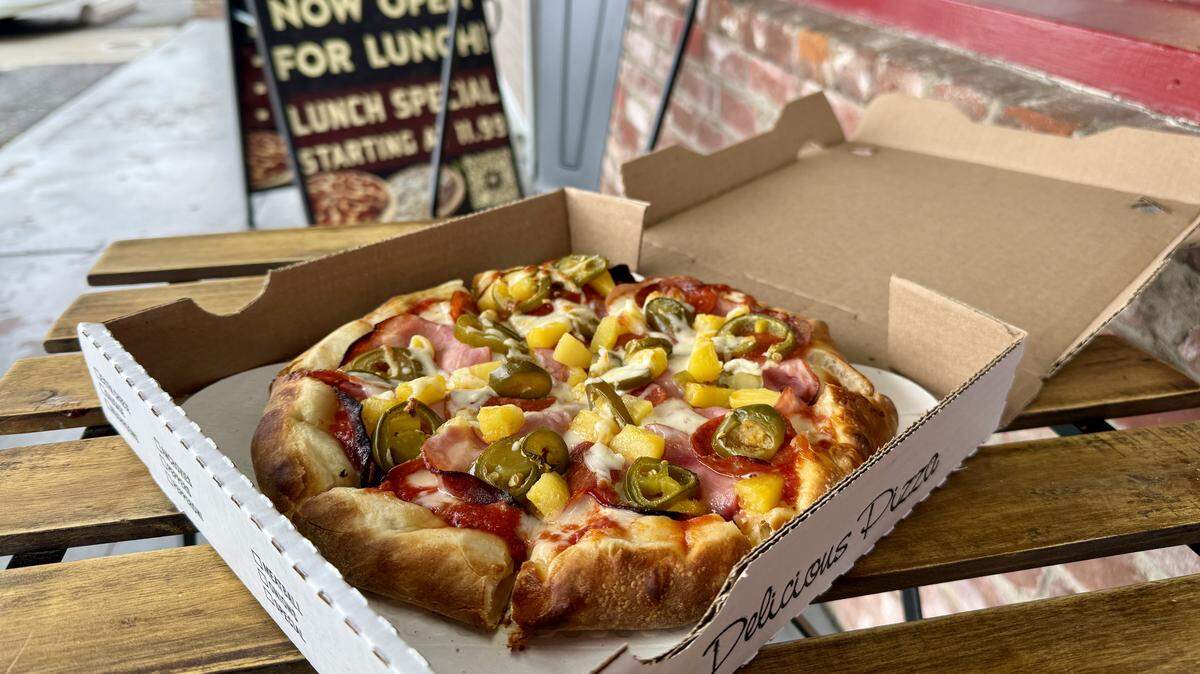 A small Italian Hawaiian spice pizza from Luigi’s Pizza in Modesto, Calif.