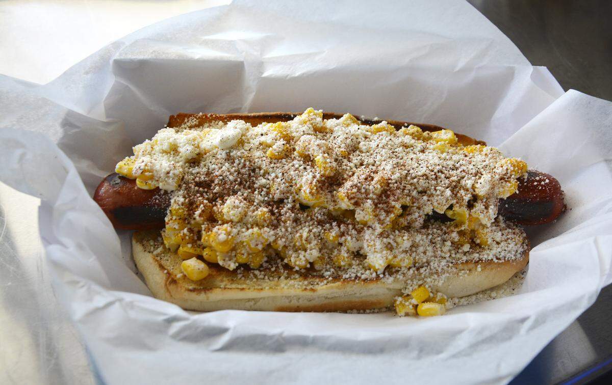 An Elote Dawy from Spanky’s Wieners, a new hot dog food truck in Turlock, Calif.