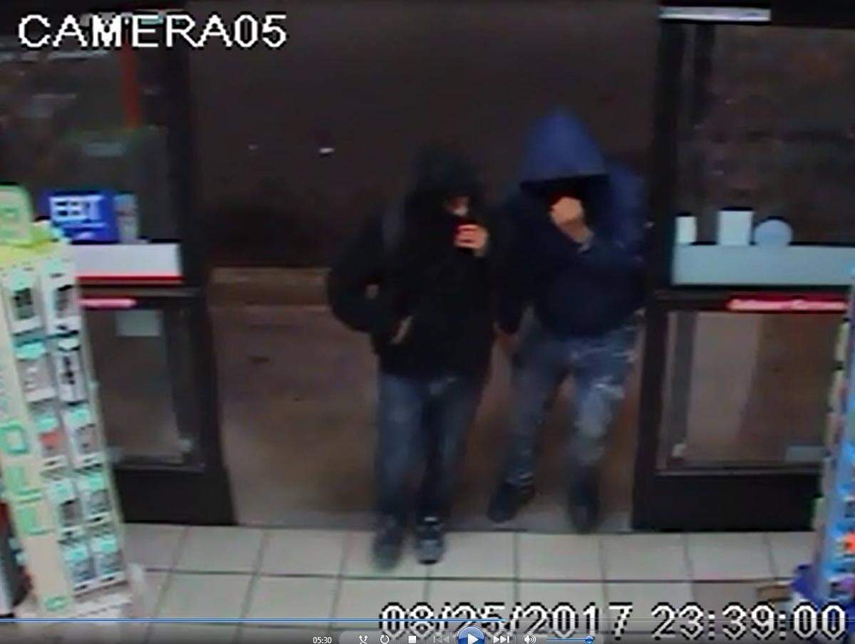 Two males shown robbing Diamond Gas & Mart on Yosemite Boulevard at South McClure Road in Modesto also are suspected in the robbery of the Frontier Town General Store at Tully Road and Standiford Avenue less than an hour earlier on Aug. 25.