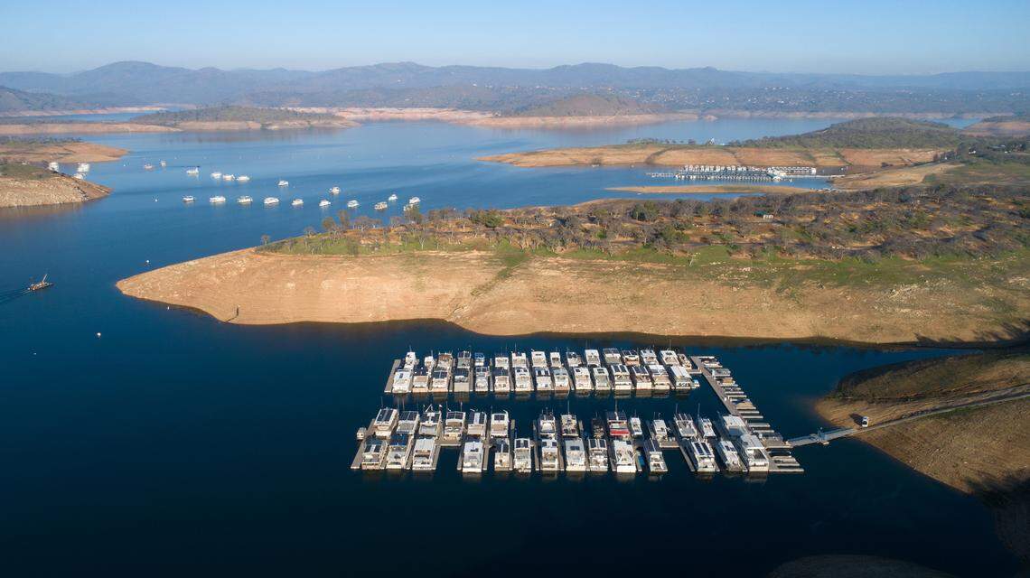 Don Pedro Reservoir with Fleming Meadows Boat launch below in Lake Don Pedro Calif., on Wednesday, Jan. 26, 2022.