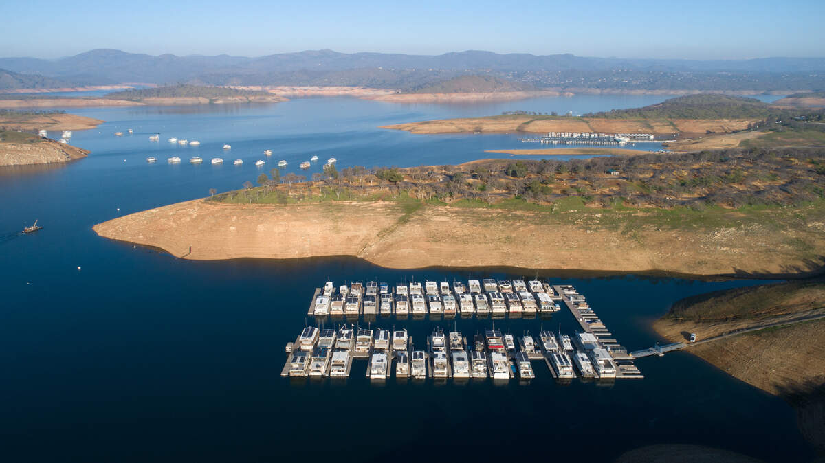 Don Pedro Reservoir with Fleming Meadows Boat launch below in Lake Don Pedro Calif., on Wednesday, Jan. 26, 2022.