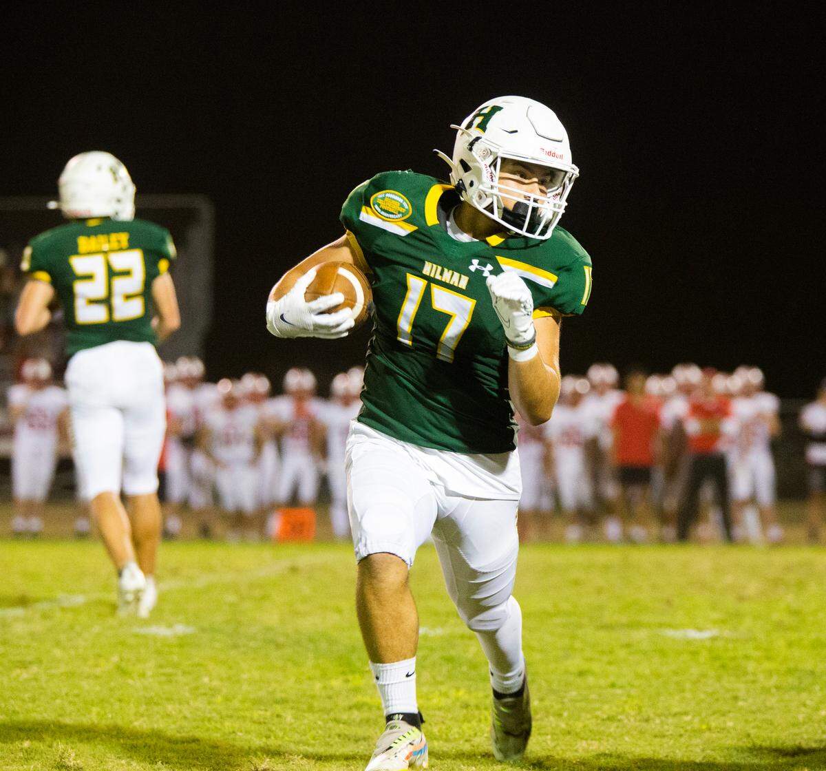 Jax Branco, 17, of Hilmar High looks upfield for an opening. Ripon vs Hilmar at Hilmar Sept. 23, 2022.
