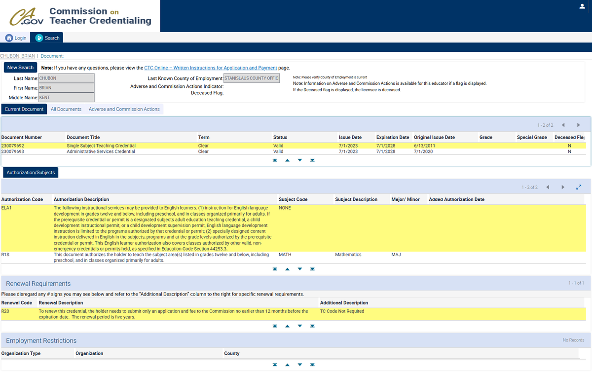 Screenshot taken Jan. 26, 2026, of the California Commission on Teacher Credentialing portal showing former Modesto Principal Brian Chubon in good standing, despite being convicted of felony statutory rape of a minor.