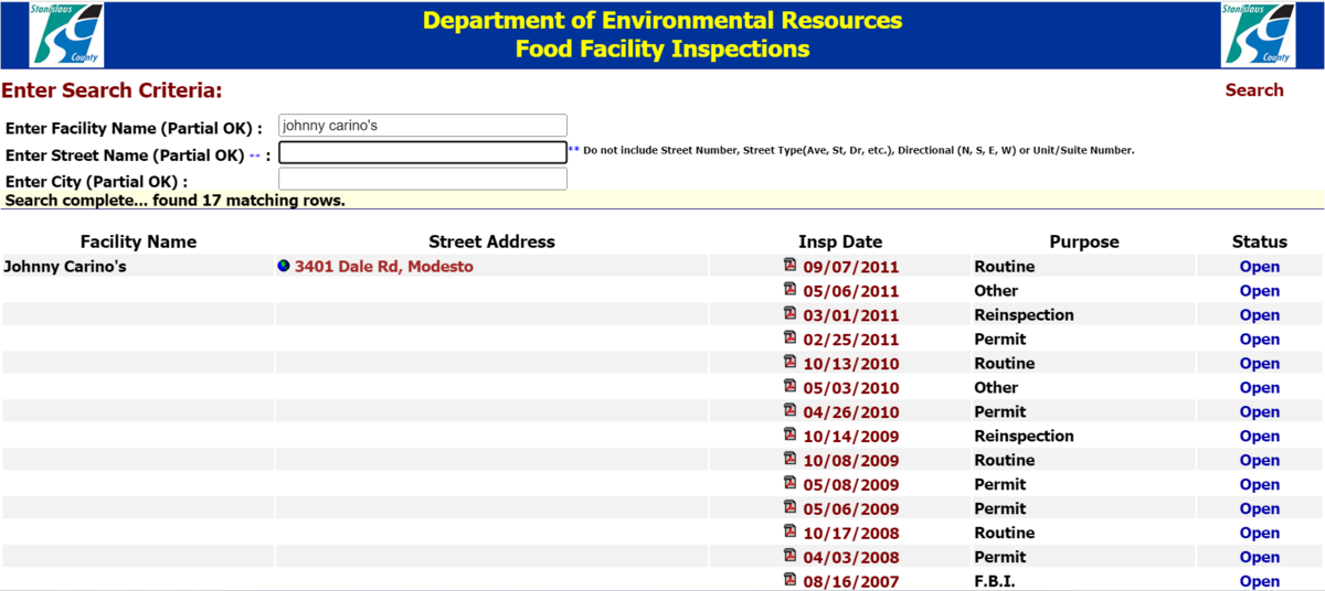 Before the July 2026 upgrade, the Stanislaus County Department of Environmental Resources’ website was outdated and did not allow viewers to search reports by most recent. Screenshot taken January 2024.