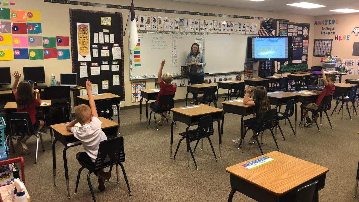 At Modesto Christian School on Monday, Sept. 14, 2020, , students in first-grade teacher Jeri Hasley’s room are socially distanced as they return to campus for in-person instruction.