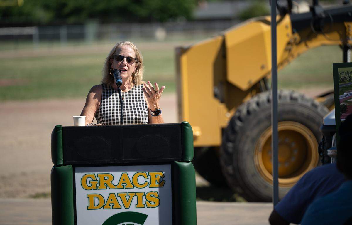 Modesto City Schools Superintendent Dr. Sara Noguchi speaks during a ceremony to announce the sports facility upgrades at Grace Davis High School in Modesto, Friday, May 9, 2025.