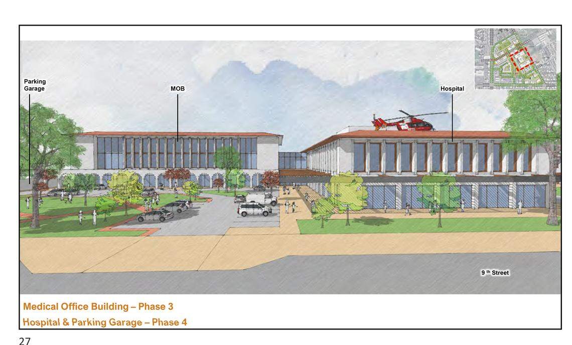 A proposed hospital is on the right in this architect rendering of plans by the Del Puerto Health Care District in Patterson, Calif. A medical office building is on the left. The district board voted Dec. 8, 2025, to submit the plans for city approval.