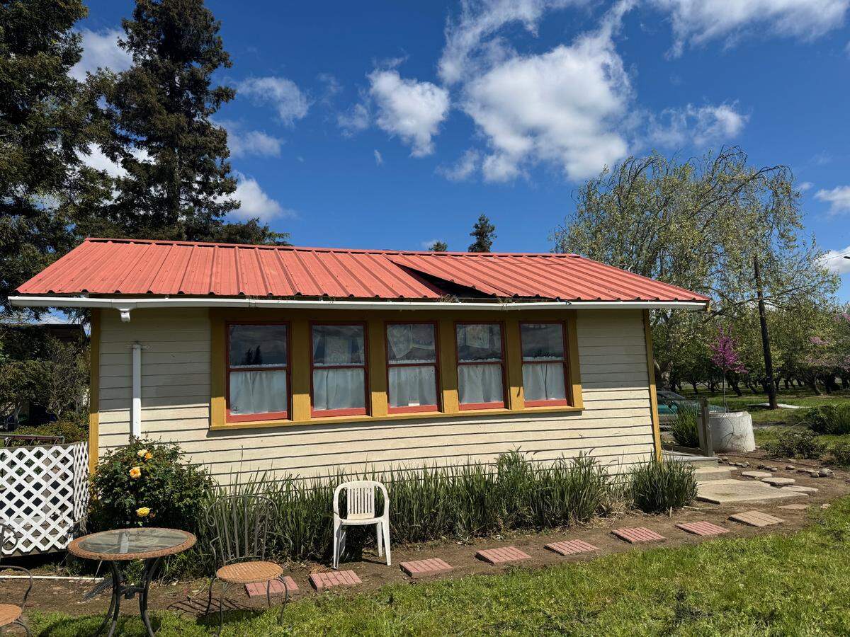 Damage to the roof of a building on the grounds of the Unitarian Universalist Fellowship of Stanislaus County after a tornado touched down on Tuesday, April 1 in Modesto.
