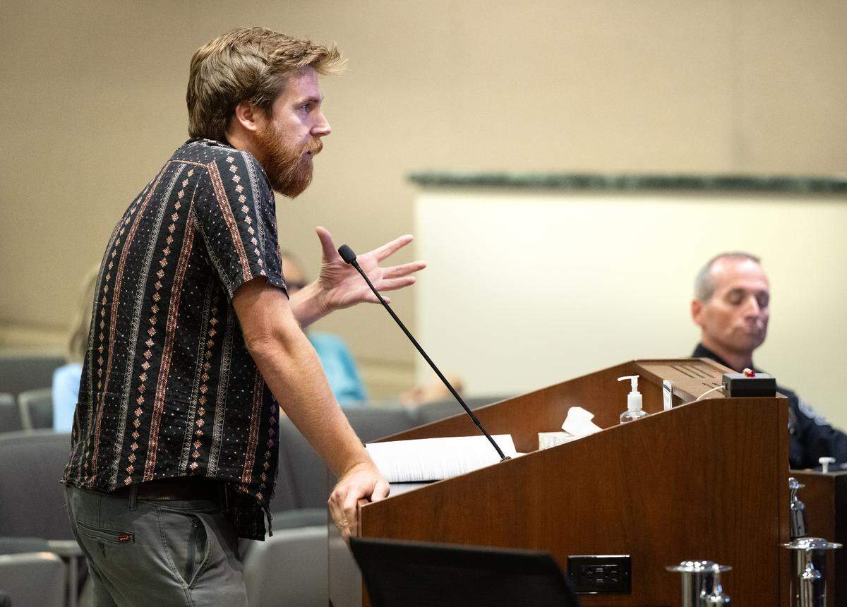 Gavin Bruce speaks during public comment at the Community Police Review Board meeting at 10th Street Place in Modesto, Wednesday June 18, 2025.
