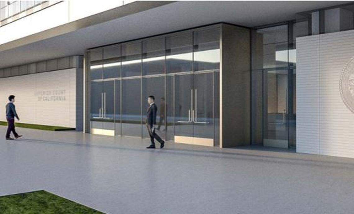 An artist rendering of the exterior of the new Stanislaus County Courthouse located in downtown Modesto. The building is nearly complete, but still under construction.