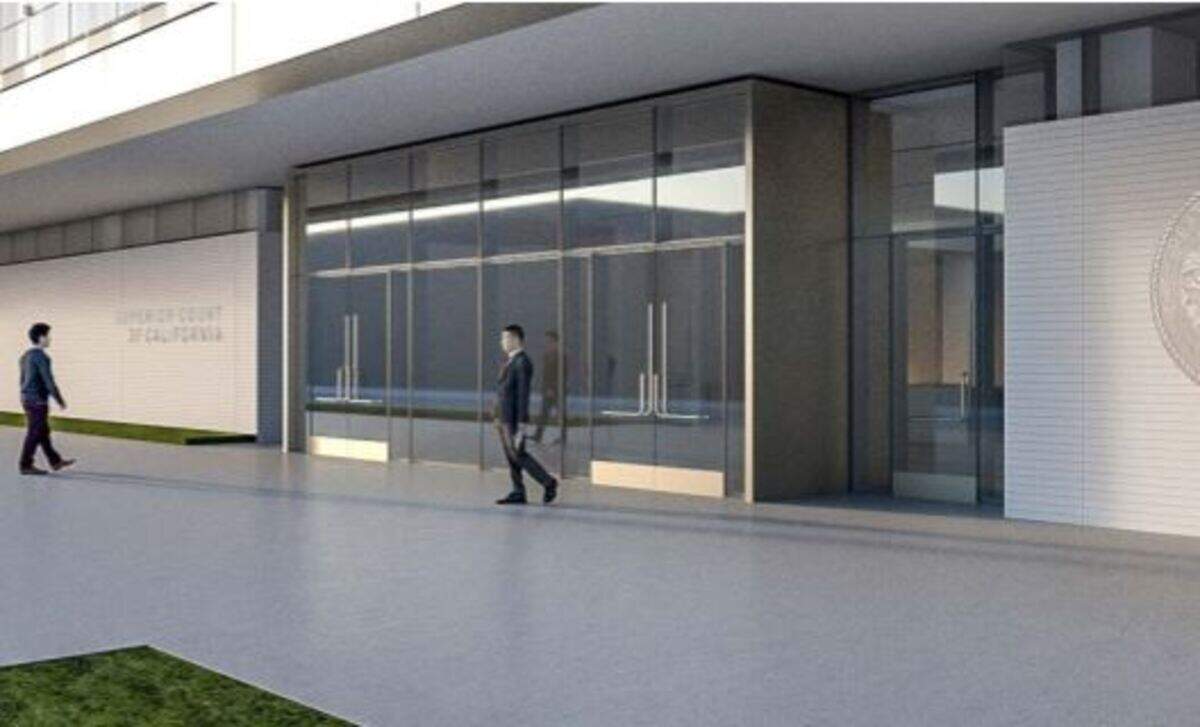 An artist rendering of the exterior of the new Stanislaus County Courthouse located in downtown Modesto. The building is nearly complete, but still under construction.
