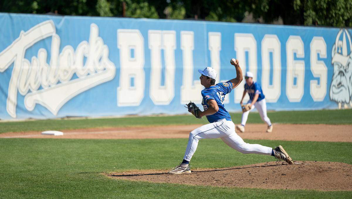 Turlock’s Mason Hackler delivers a pitch during the Central California Athletic League game with Pitman in Turlock on Wednesday, April 29, 2026. Turlock won the game 5-3.
