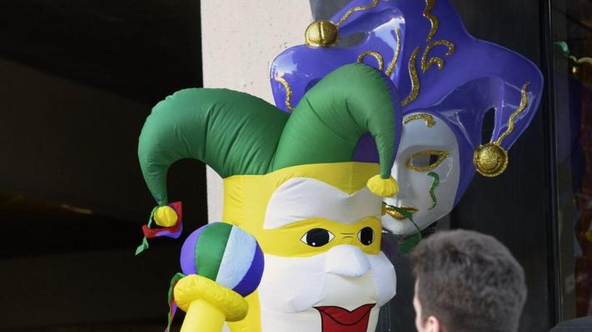 Some of the decorations in front of Tresetti’s World Cafe, in the celebration of the 20th annual Mardi Gras event.