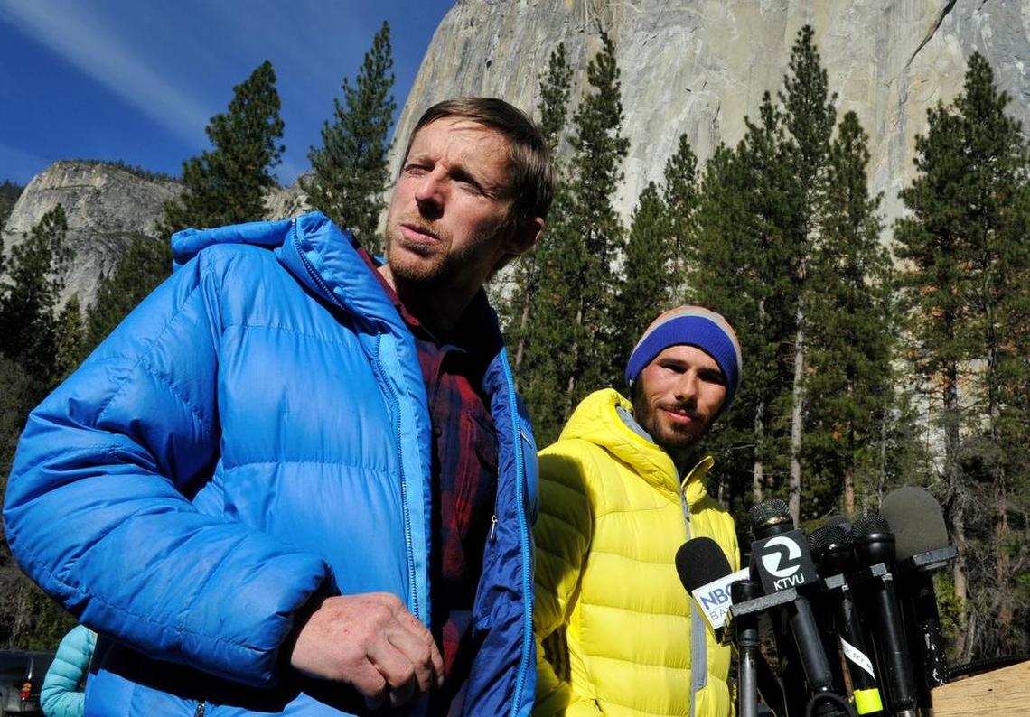 Climbers Tommy Caldwell, left, and Kevin Jorgeson, right, speak during a press conference in Yosemite Valley near the base of El Capitan Thursday morning, Jan. 15, 2015 in Yosemite National Park.