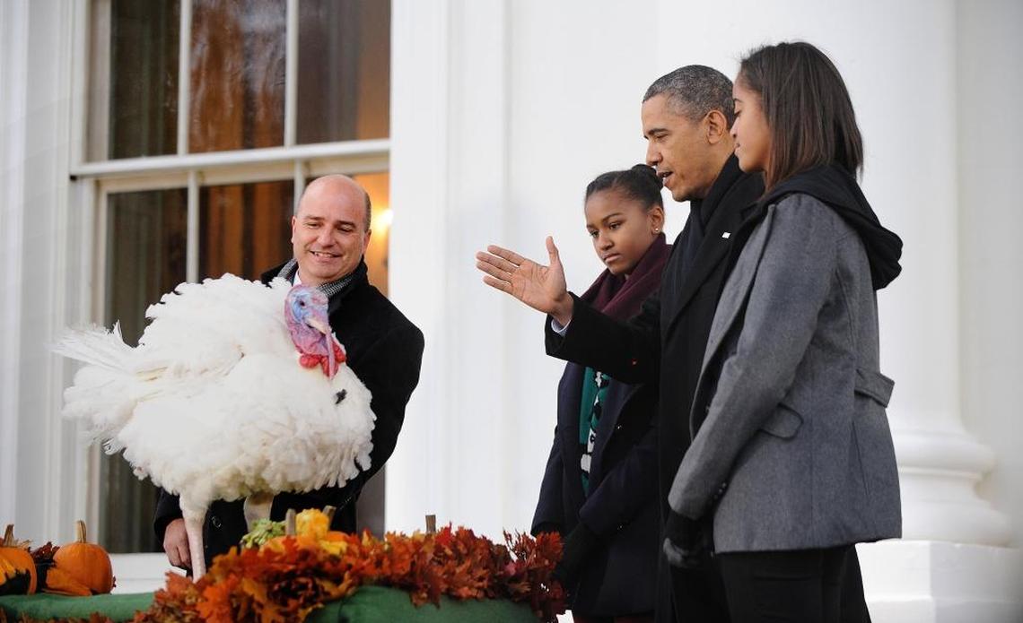 Presidential turkey pardons began with President George HW Bush and continue with President Barack Obama, flanked above by daughters Sasha, on his left, and Malia, in 2013 as he gives a stay to National Thanksgiving Turkey Popcorn. This year, Livingston’s Foster Farm’s will again provide the lucky national fowl.