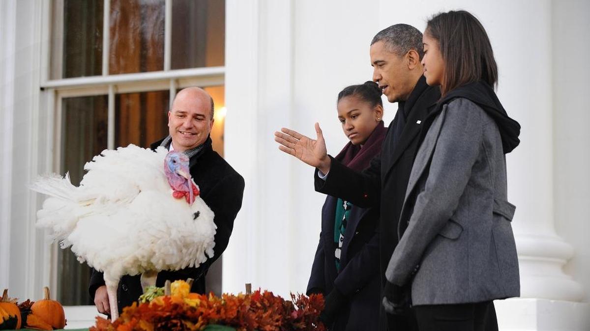 Presidential turkey pardons began with President George H.W. Bush. Here, in 2013, President Barack Obama, flanked by daughters Sasha and Malia, pardons the  National Thanksgiving Turkey, named Popcorn.
