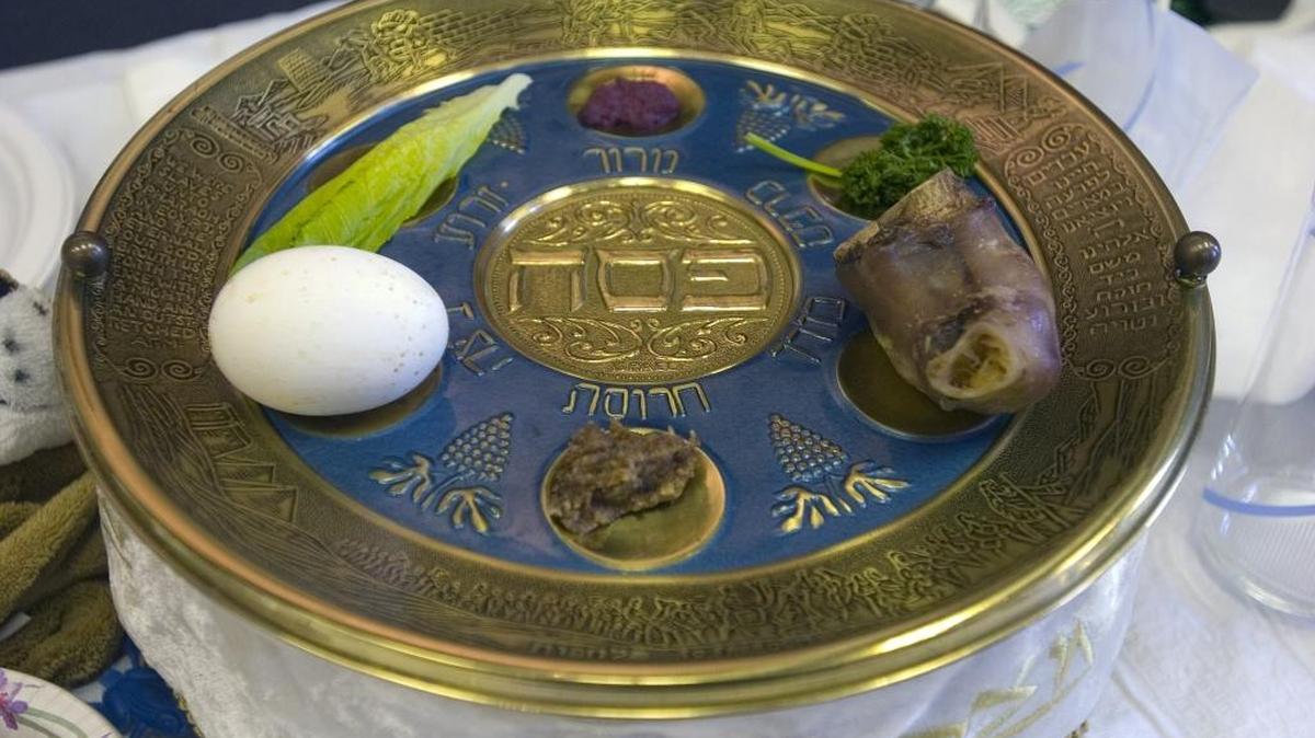 Close-up of the Seder plate during a Passover celebration at Congregation Beth Shalom in Modesto.