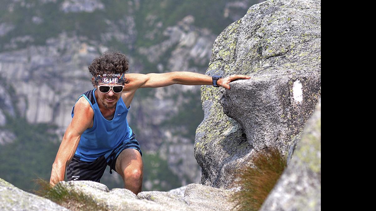 
Scott Jurek climbs to the summit of Mount Katahdin near Millinocket, Maine, before completing the Appalachian Trail thru-hike.
