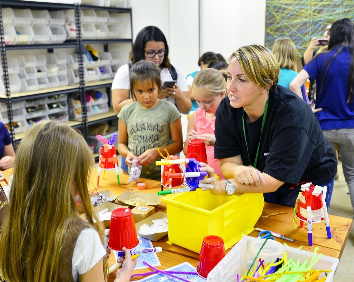 Helen Bingham talks about how to build a Squiggle Bot during the grand opening of the Girl Scouts Heart of Central California STEM Center & MakerSpace in Modesto on August 4, 2018. 