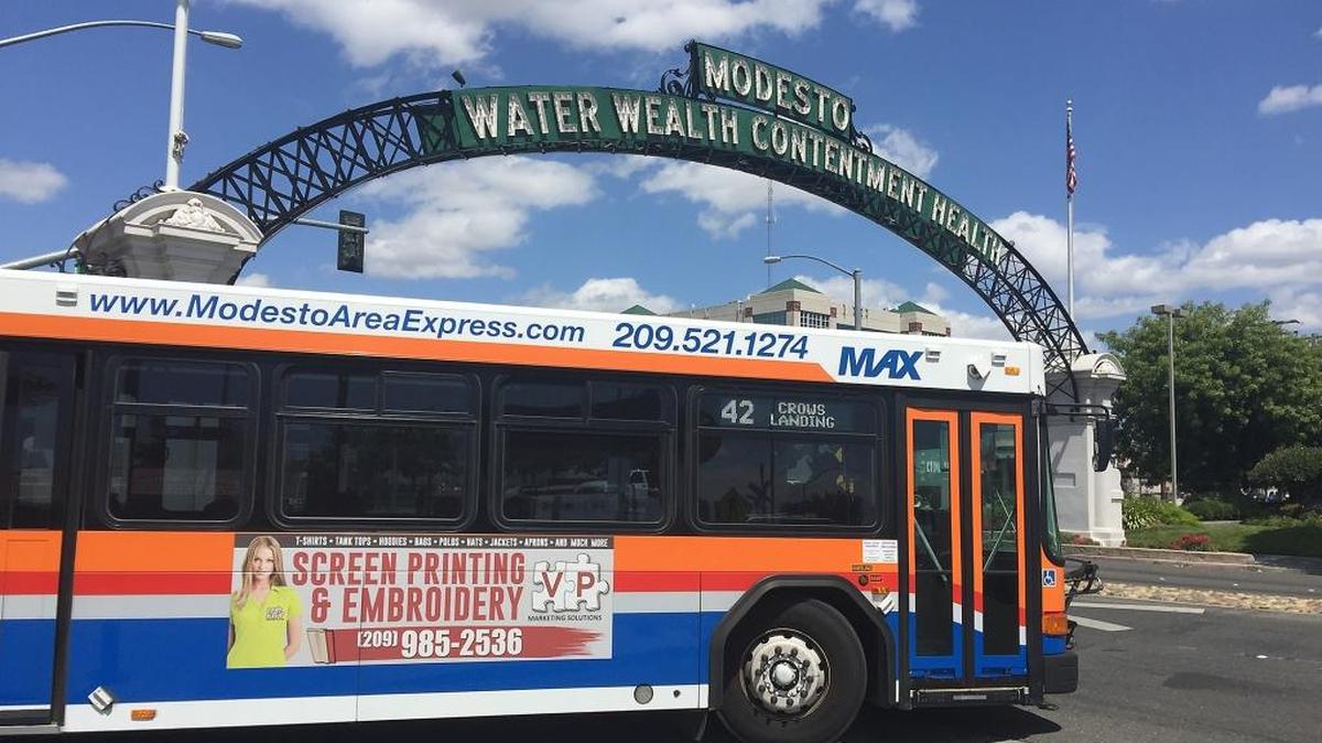 A MAX bus leaves the Transportation Center Monday afternoon (06-12-17) in downtown Modesto, Calif. The Modesto City Council committee meets Wednesday to hear a proposal to raise bus fares and change routes as the city tries to meet revenue threshold for its transit system.