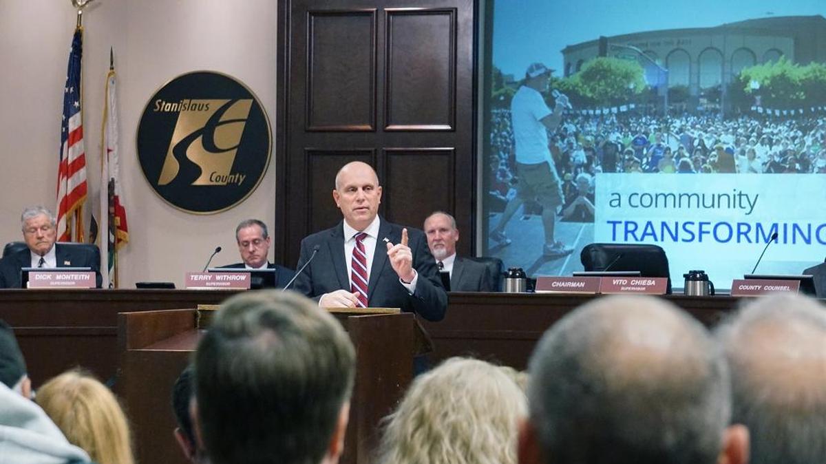 Stanislaus County board of supervisors chairman Vito Chiesa gives the State of the County speech Tuesday morning in the basement chambers at Tenth Street Place in downtown Modesto.