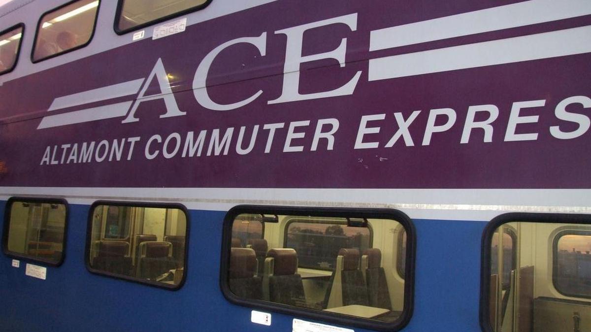 An Altamont Commuter Express train prepares to depart from the Manteca/Lathrop station in October 2014.