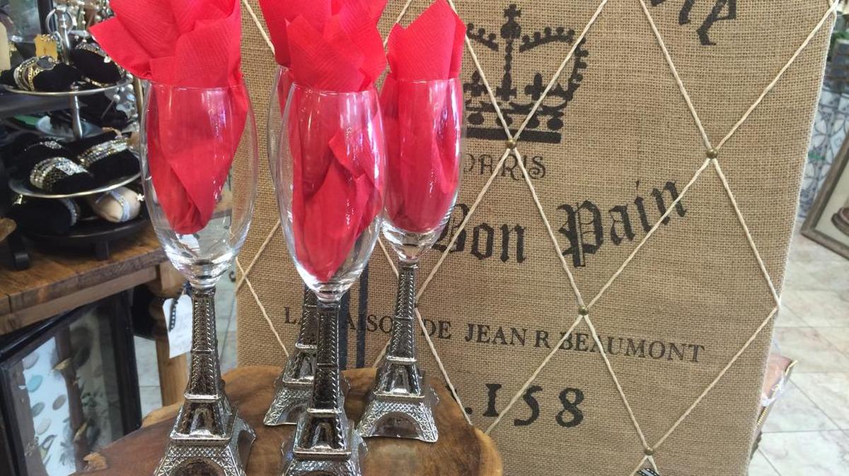 Elegant Eiffel Tower wine glasses from I Love Paris in Oakdale.