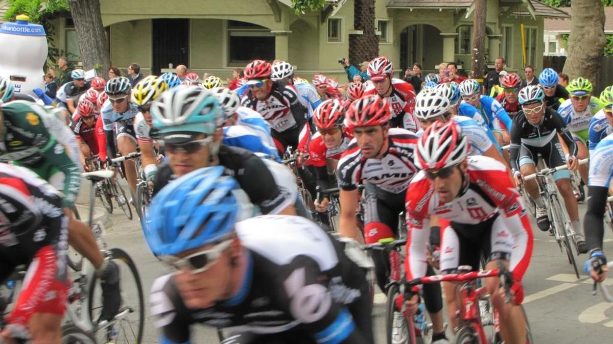 The peloton for the Amgen Tour of California negotiates the corner at Coldwell and Sycamore avenues in Modesto, Calif., on Tuesday, May 17, 2011. (Brian Clark/bclark@modbee.com)