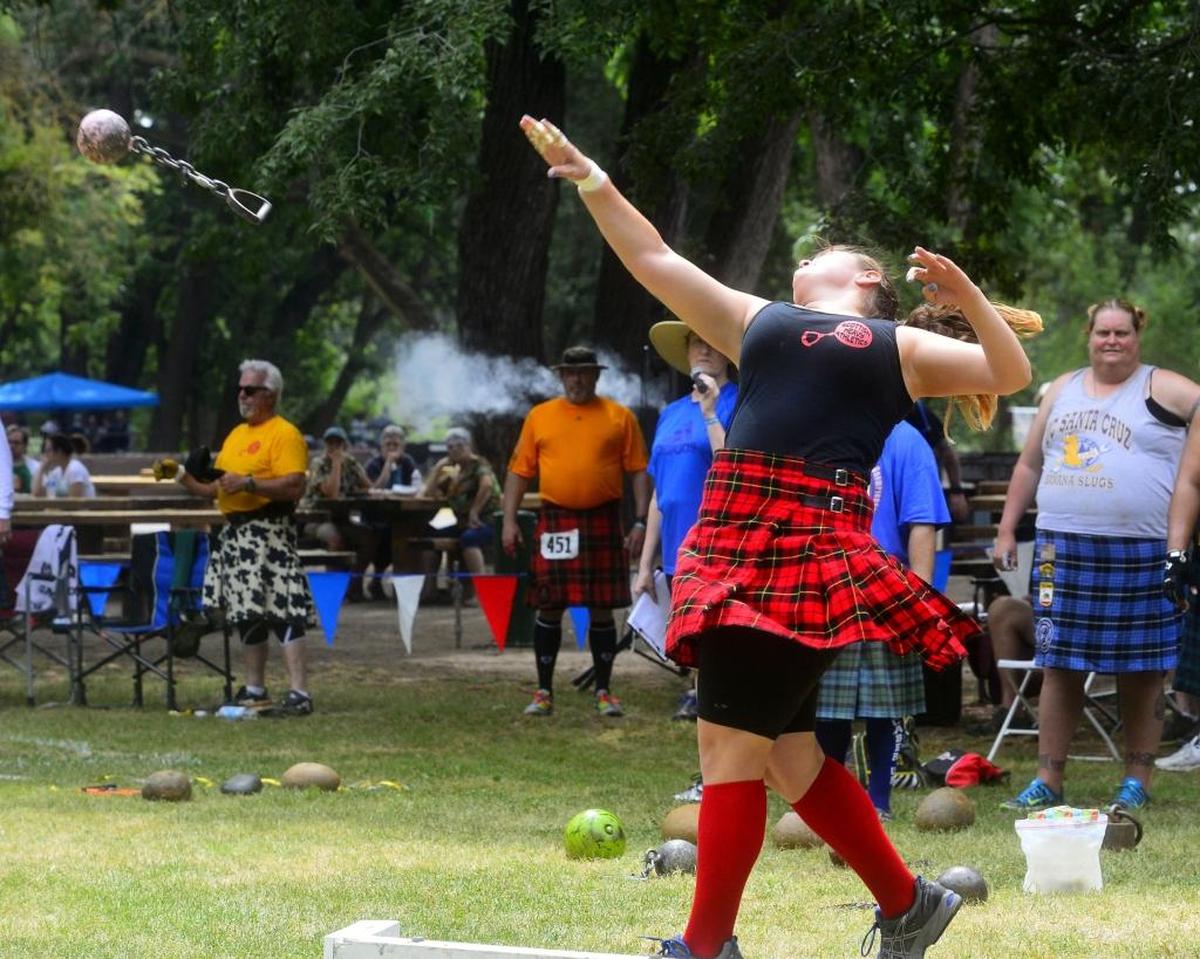 Breanna Louther releases the weight in the weight throw competition during the 35th annual Highland Games and Celtic Festival at Tuolumne River Regional Park in Modesto on Saturday, June 4, 2016.