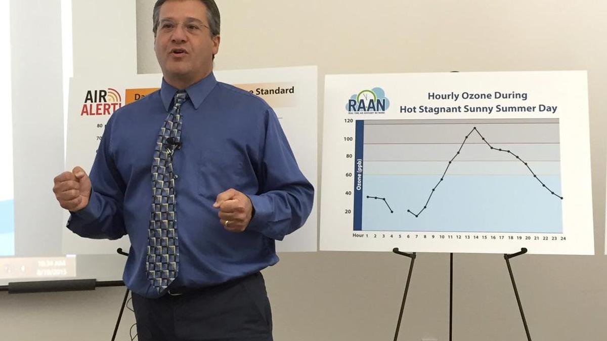 
San Joaquin Valley Air Pollution Control District spokesman Anthony Presto discusses ozone and vehicle emissions on Wednesday at the district’s Modesto office.
