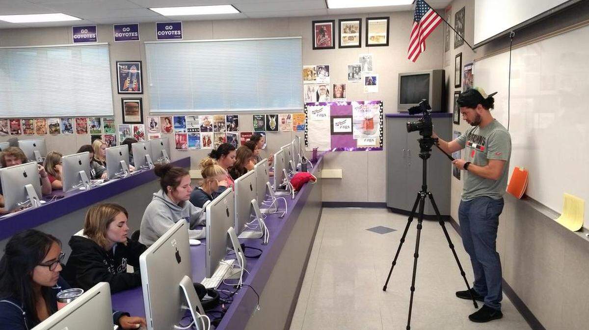 Videographer Henry Ortlip films at Denair High School for an upcoming documentary.
