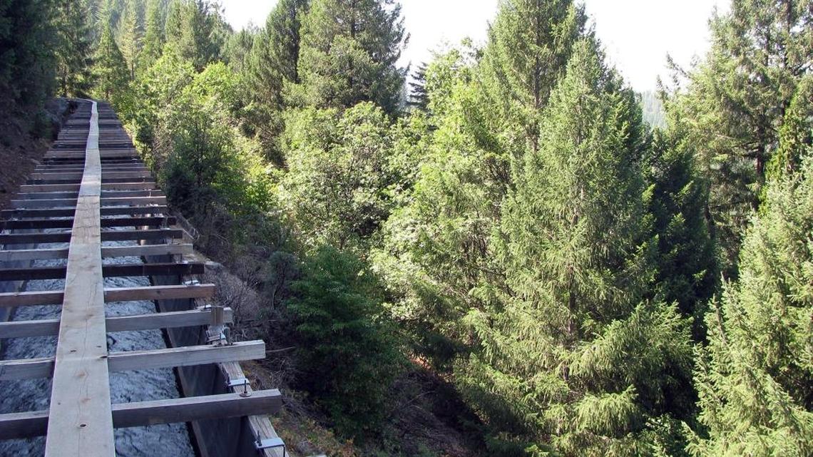 A flume carries the main water supply for Tuolumne County residents along steep, forested slopes between Lyons Reservoir and Twain Harte. A state grant announced on Friday, Dec. 9, 2016, will help with thinning of dense forest to reduce the risk of wildfire damaging the flume. The delivery system dates to the 1850s and feeds water to treatment plants serving Twain Harte, Sonora, Columbia, Jamestown and several other communities.