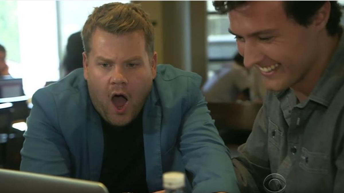 Host James Corden, left, reacts to a development in Dante Cipponeri’s screenplay in this still from the “Starbucks Theater” segment of Corden’s “Late Late Show.”