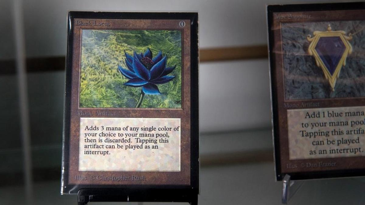 A collector’s edition remake of an original Black Lotus card from Magic: The Gathering is seen at Battleground Games in Modesto on Friday, Dec. 11, 2015.